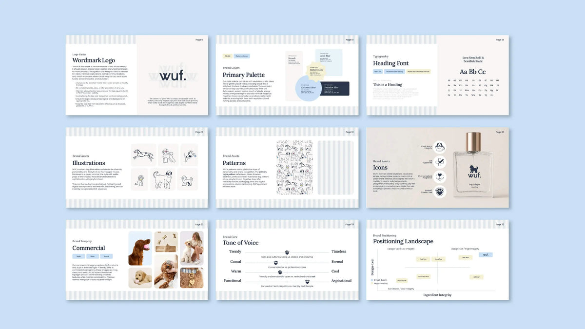 WUF brand guidelines pages showing the wordmark, color palette, typography, illustrations, patterns, icons and tone of voice