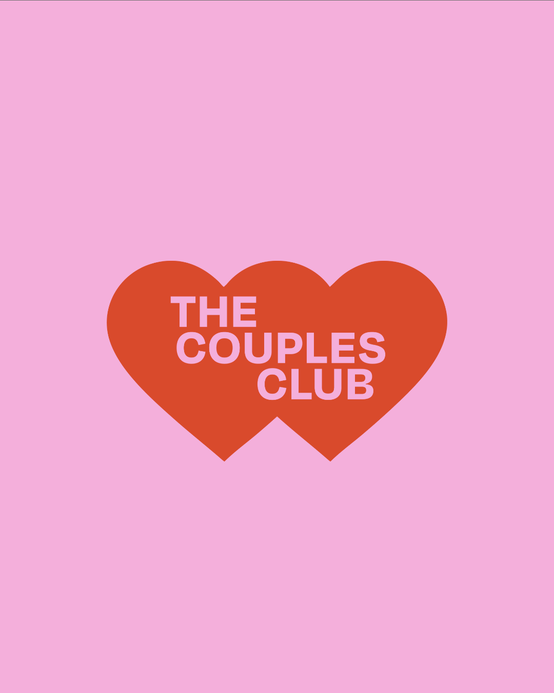 Two interlocking red hearts with 'The Couples Club' text on a pink background
