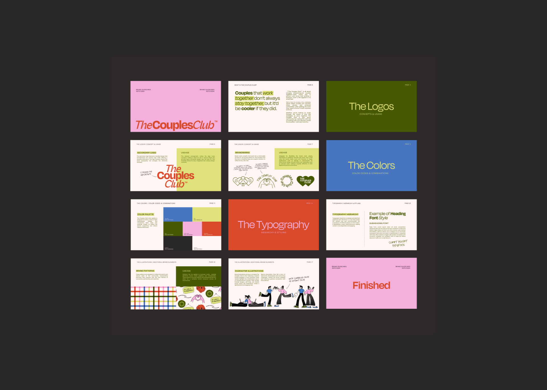 Design layout of The Couples Club Brand Guidelines including logos, colors, and typography on a black background