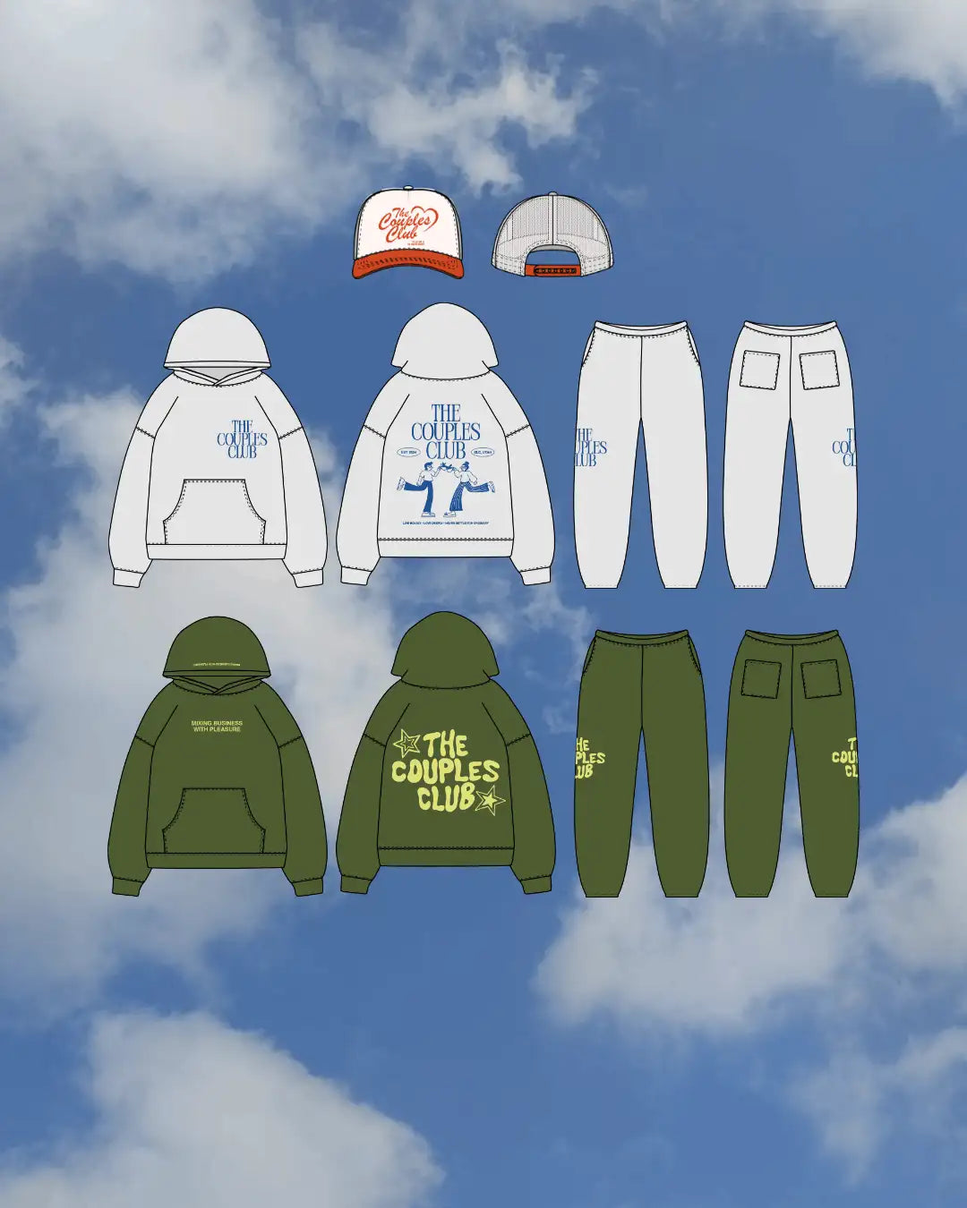 The Couples Club apparel collection design: hoodie, sweatpants and trucker hat flats in white and olive