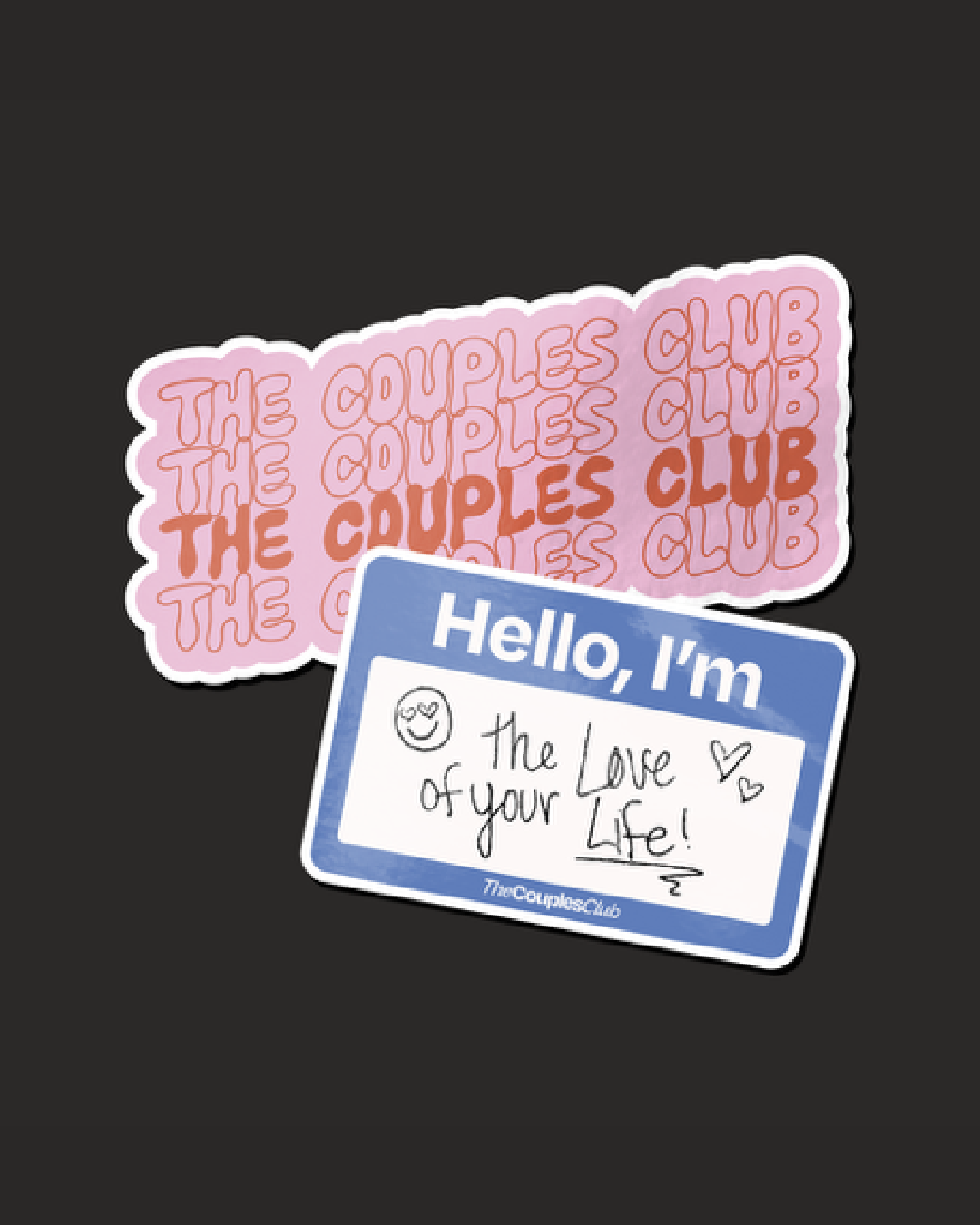 Custom designed stickers from 'The Couples Club' on a black background.