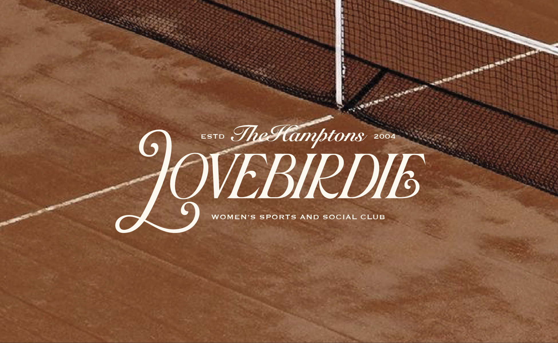 Tennis court with 'Lovebirdie' logo and text overlay
