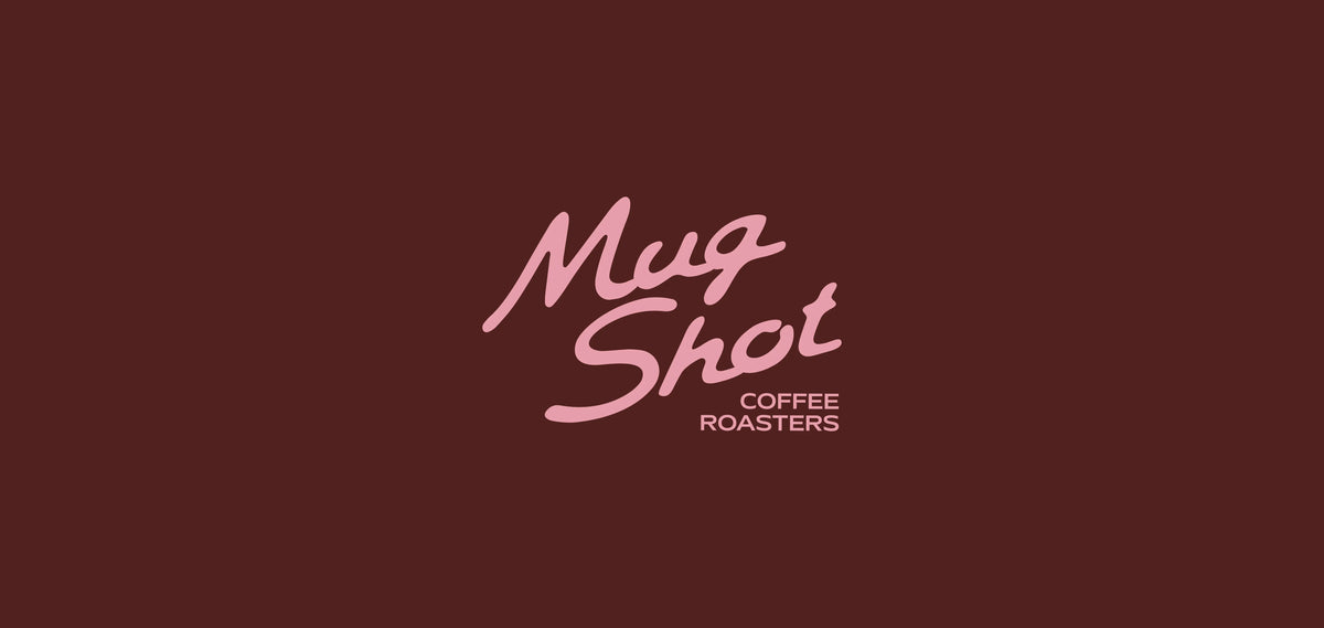 Mug Shot Coffee Roasters primary logo in pink on burgundy, showing the brand color palette