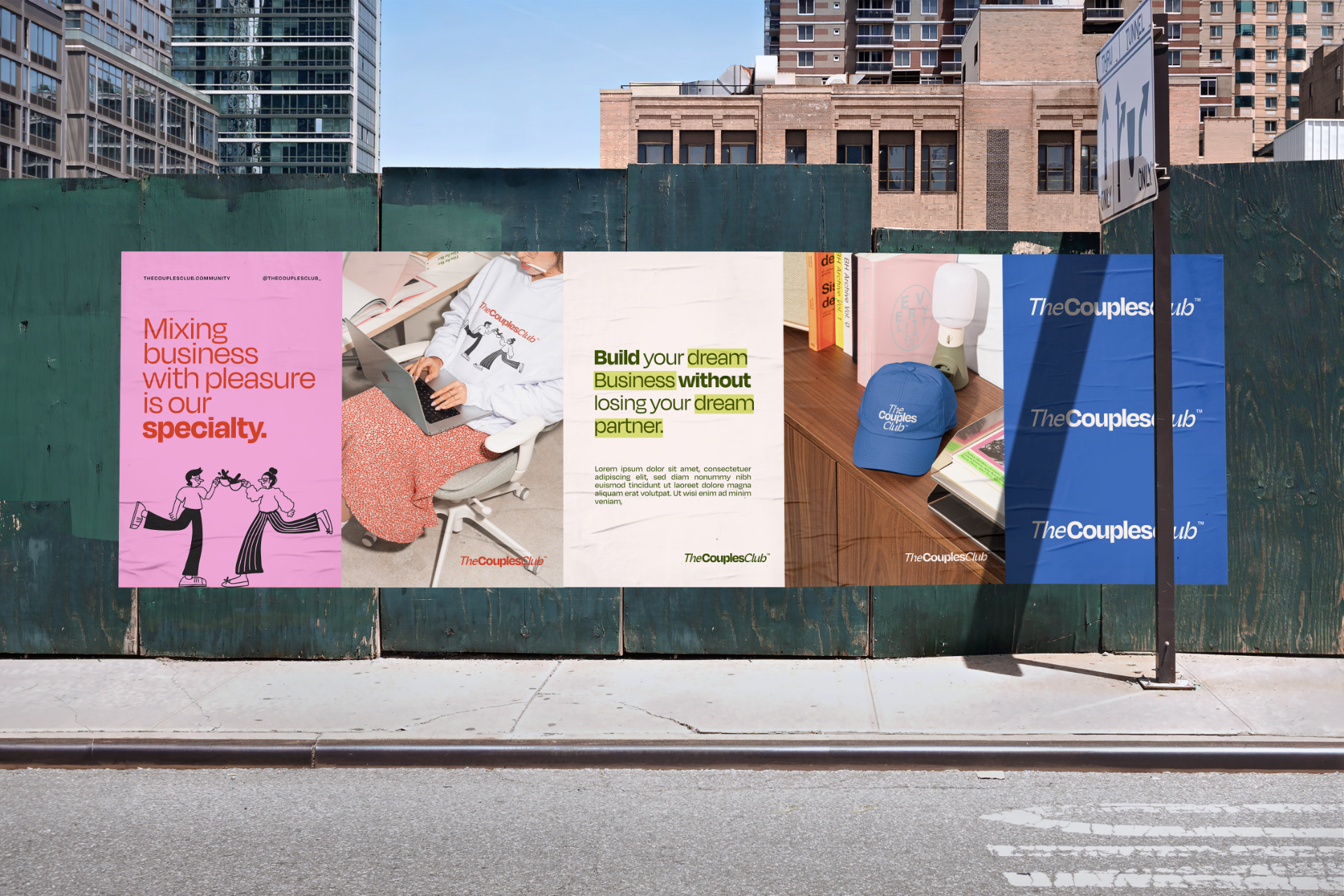 Los Angeles Billboard with The Couples Club Branding on a construction site fence.