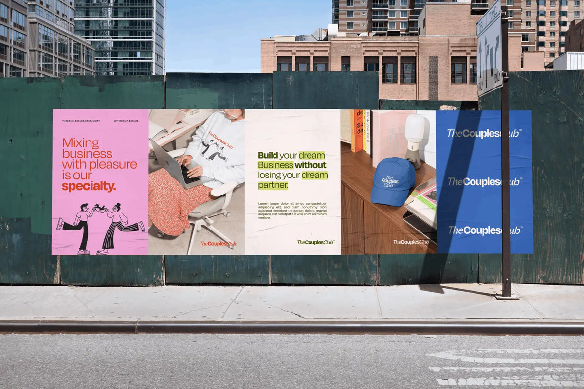 The Couples Club poster campaign design with “Mixing business with pleasure” and “Build your dream business” headlines
