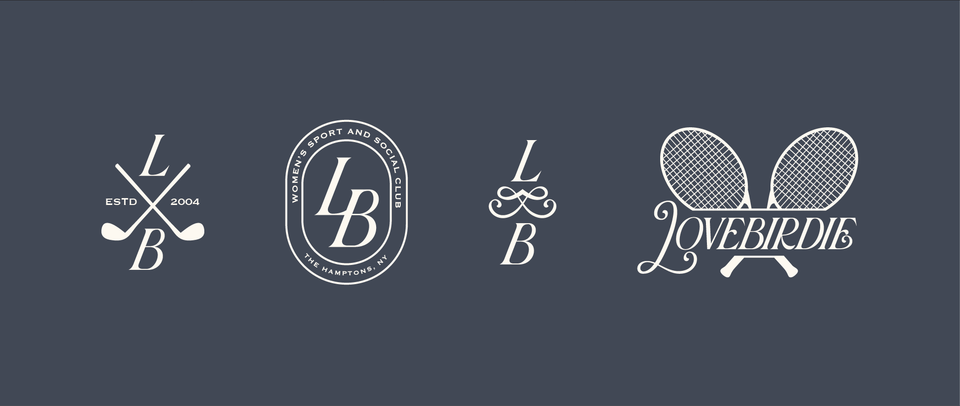 Collection of four white brand logos on a dark blue background. Logos are of a classic design resembling a county club style, incorporating tennis rackets and gold clubs