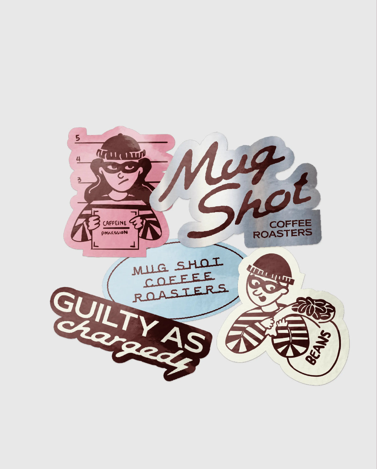 Mug Shot sticker design set with an illustrated coffee bandit character, “Guilty as Charged” lettering and logo variations