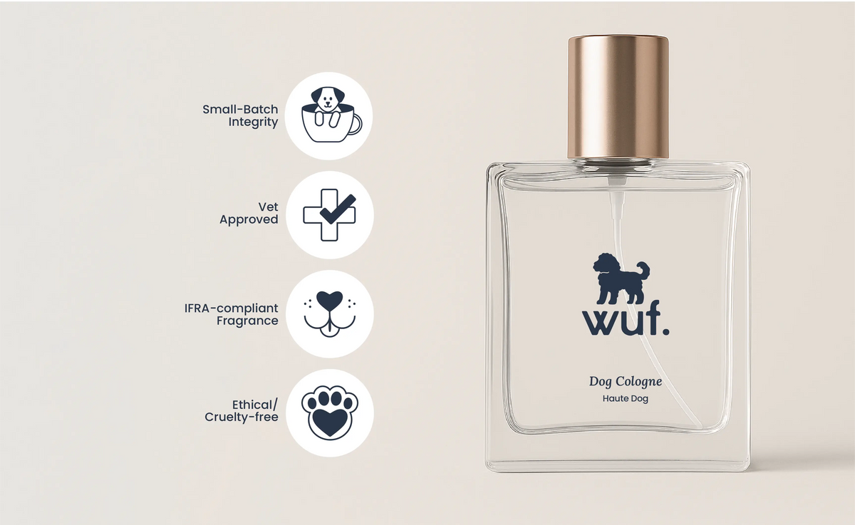 WUF dog cologne bottle label design with custom icons for small-batch, vet approved, IFRA-compliant and cruelty-free