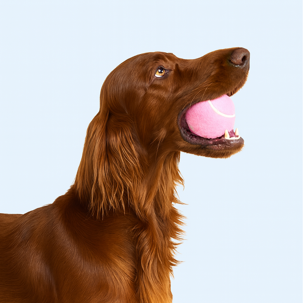 Brown dog with a pink ball in its mouth on a light blue background