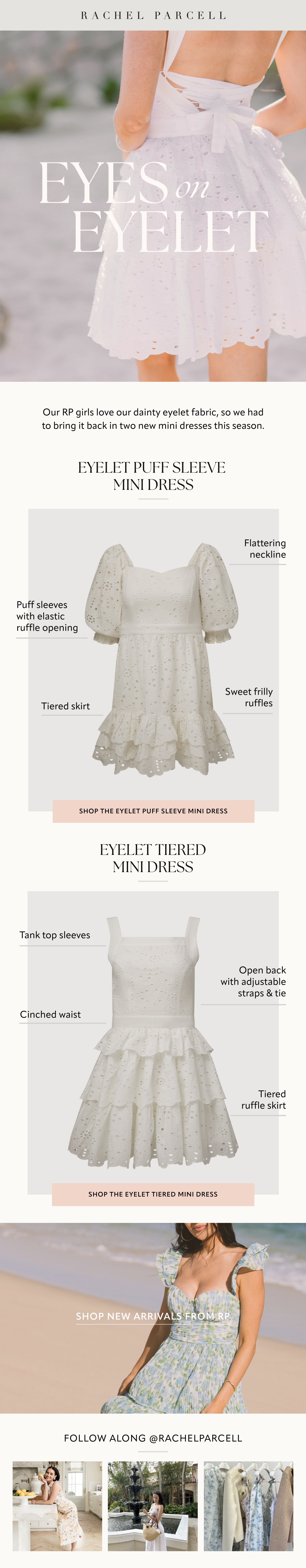 Promotional graphic for a light blue dress with text and images of the dress on a white background for Rachel Parcell.