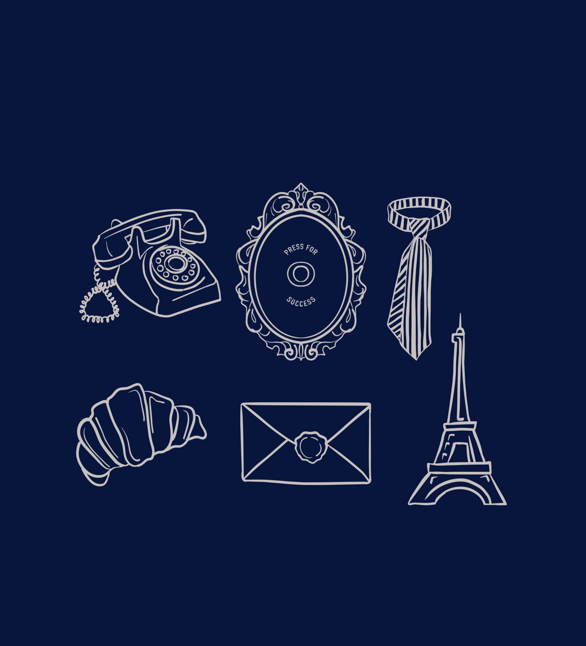 Set of Parisian inspired hand-drawn branded illustrations on a dark blue background including a telephone, mirror, tie, croissant, envelope, and Eiffel Tower.