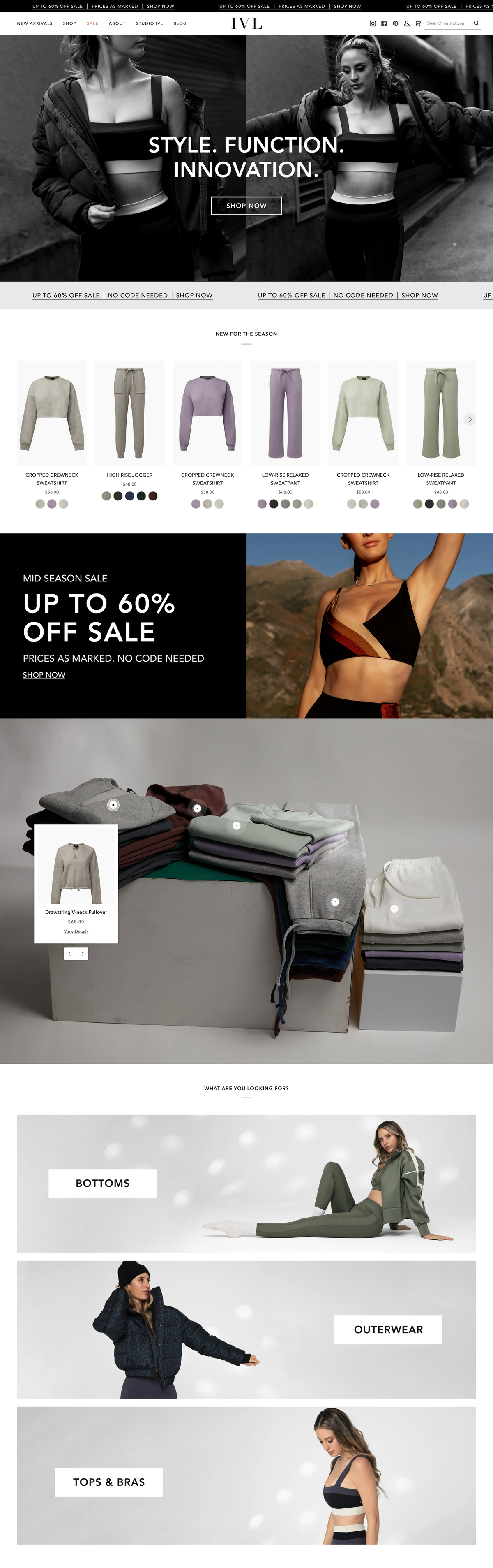 Fashion website layout with product images and promotional text