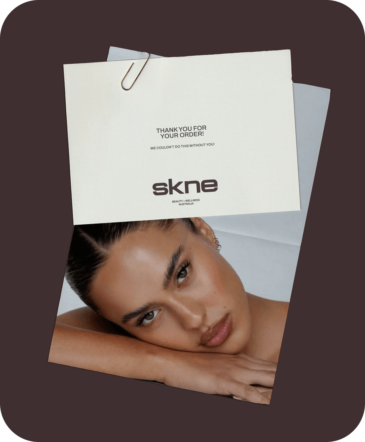 SKNE thank-you card design with cocoa brown wordmark, paired with editorial beauty imagery