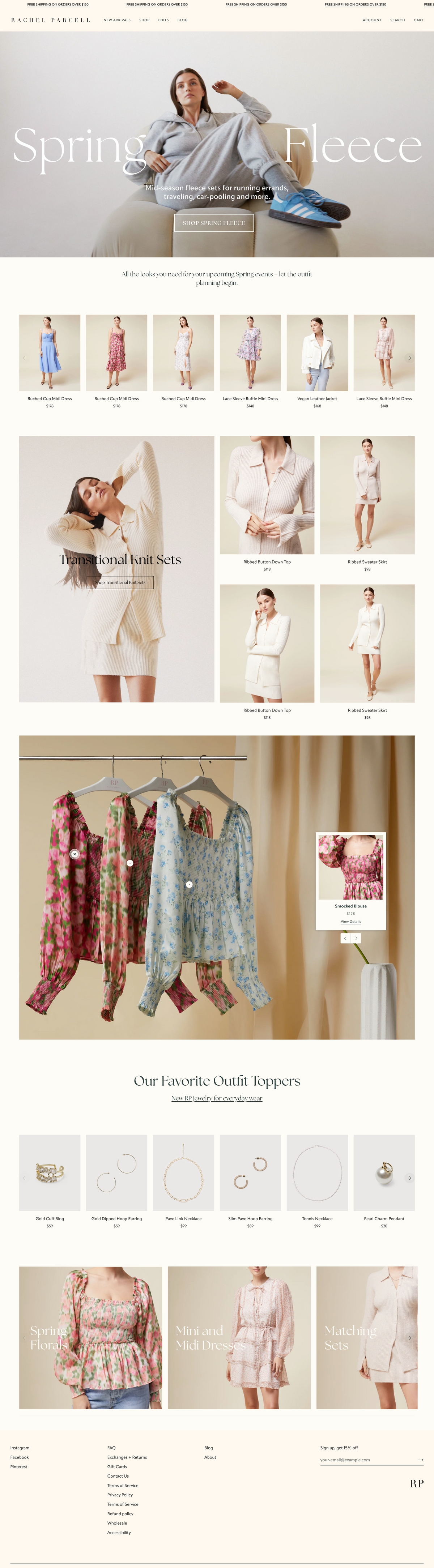 Online store layout with clothing items and a woman sitting on a bed.