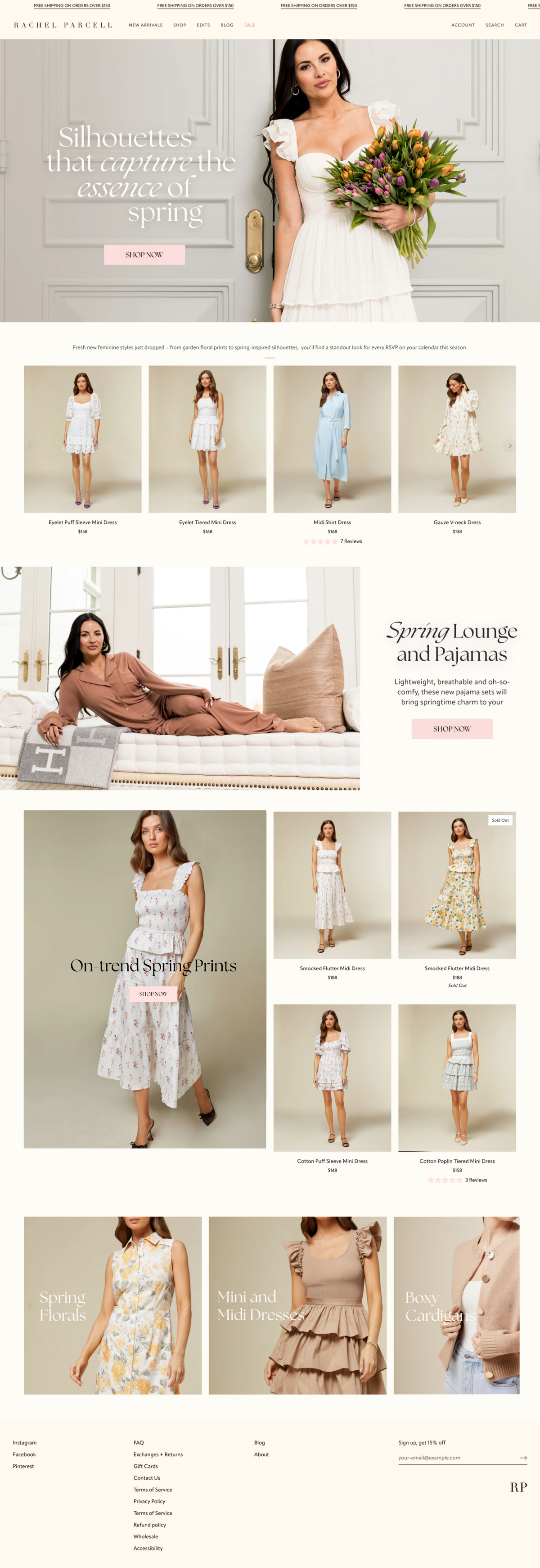 Web design of women wearing various dresses with a focus on spring and summer clothing for Rachel Parcell
