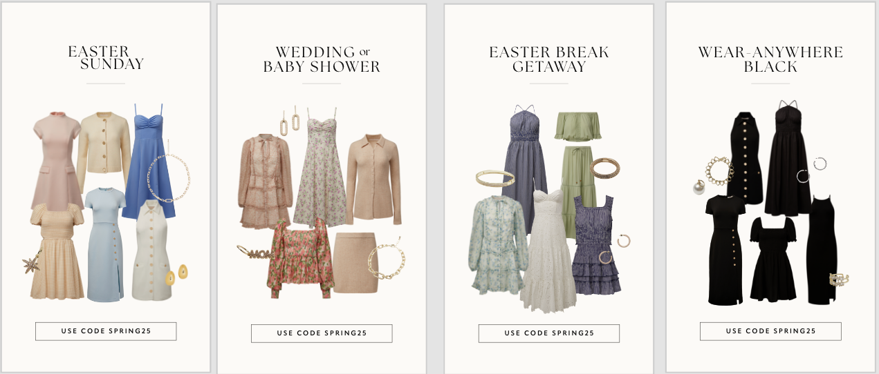 Four different clothing display instagram story slides with text labels on a white background