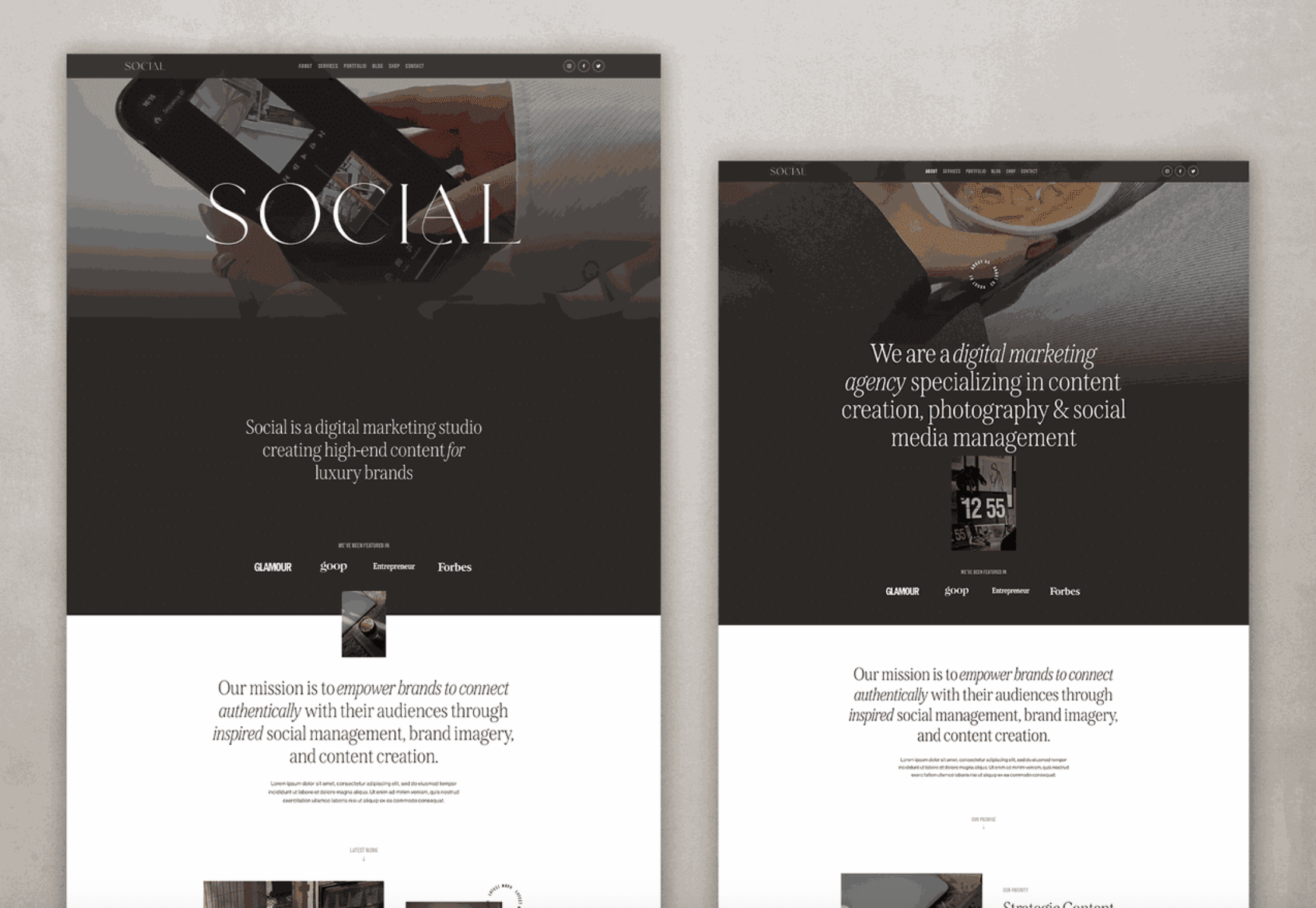 Affiliate partner The Styled Square - Two web pages with dark backgrounds and text on a light gray background