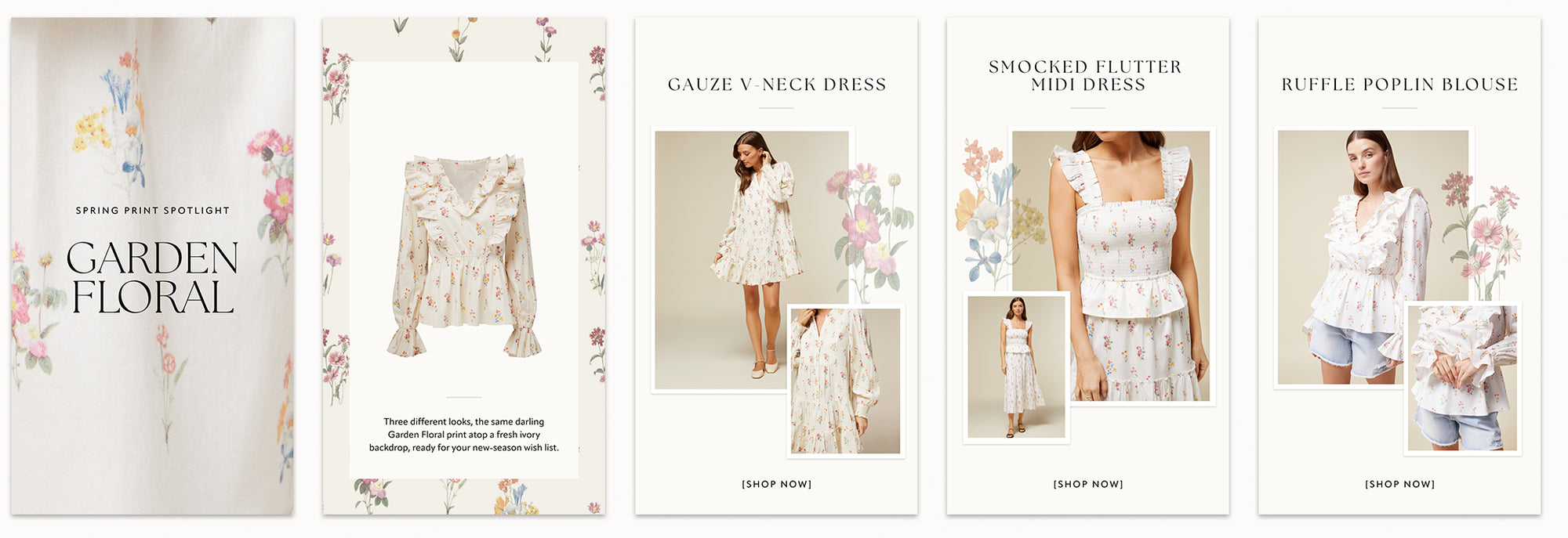 Social media story sequence slides of fashion product images with text descriptions on a white background