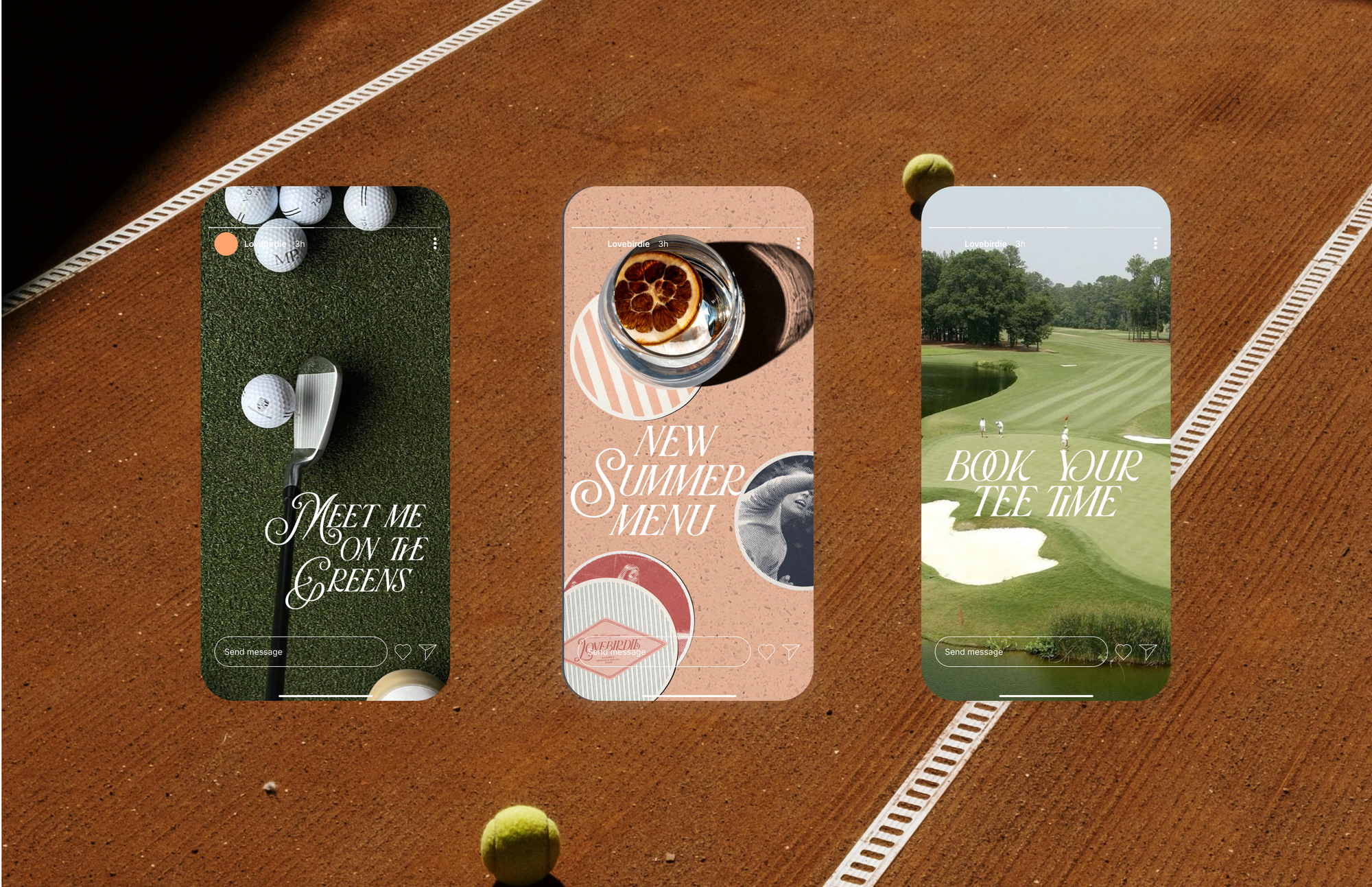 Three golf-themed instagram story mockups with a clay tennis court behind the graphics