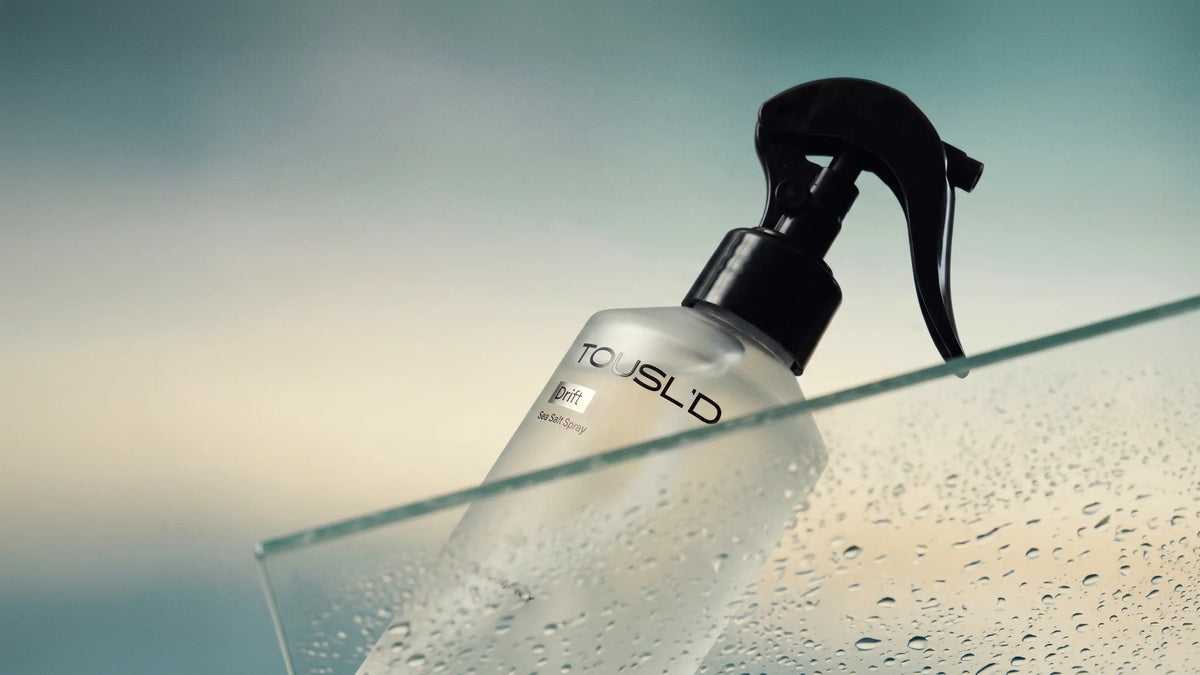 Tousl’d Drift salt spray glass bottle, close-up of minimalist label typography