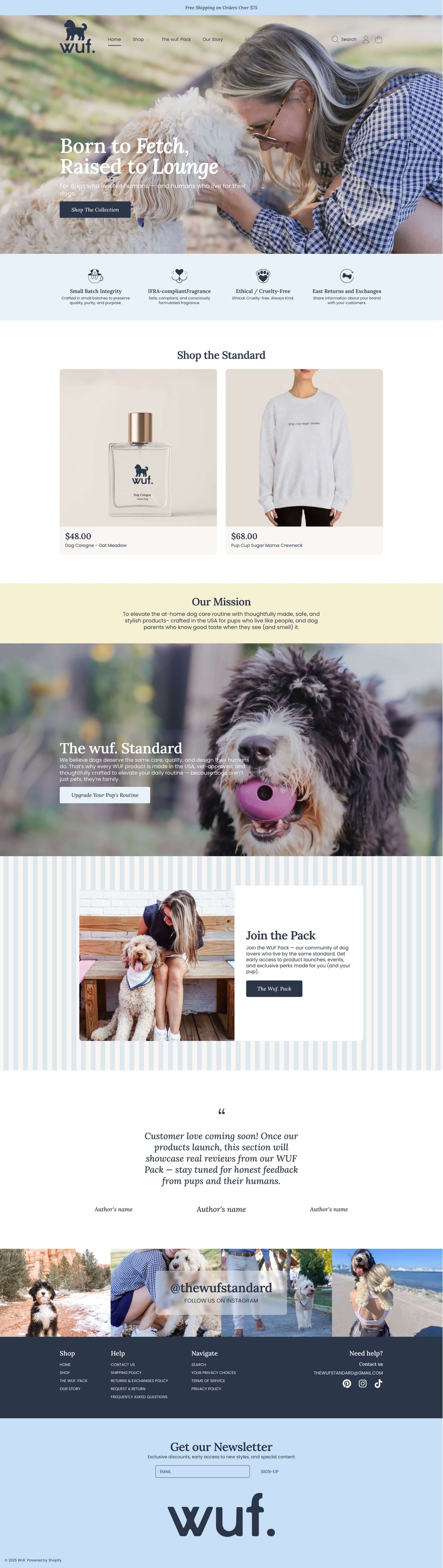 WUF website design: full homepage layout with hero, product grid, brand icons and newsletter signup