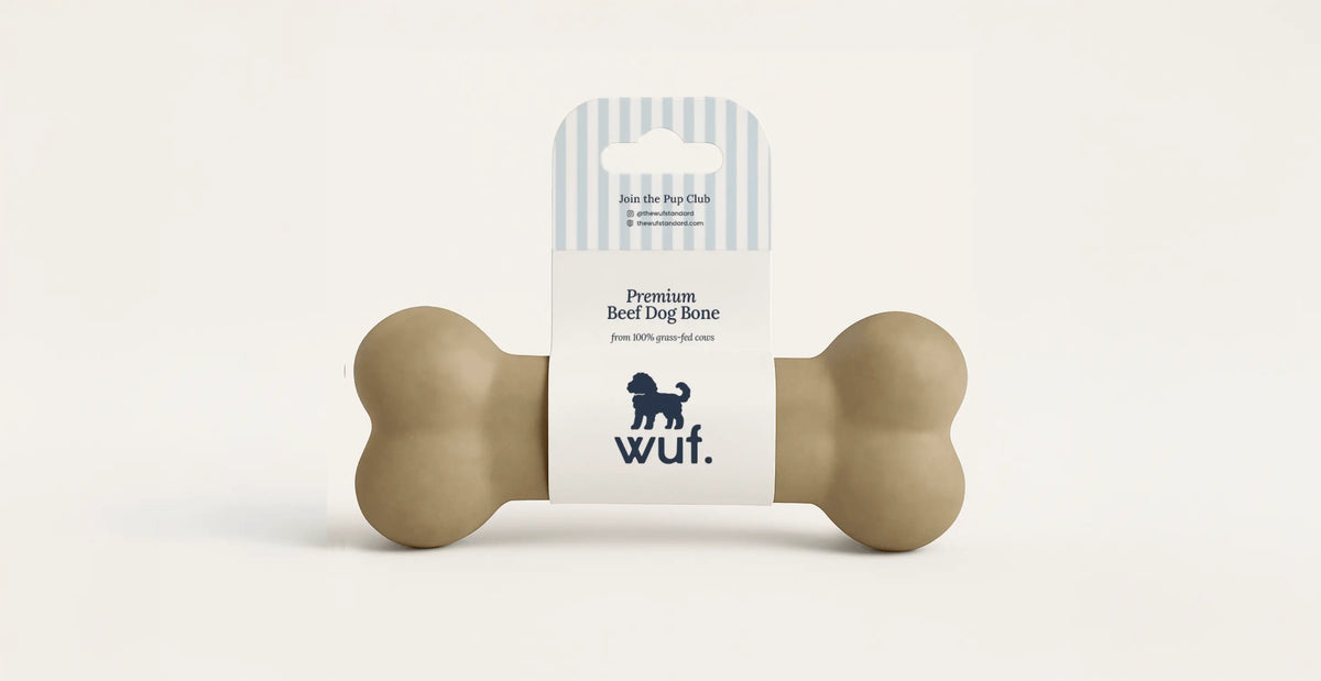 WUF product label design for a premium beef dog bone, with a striped header card and navy logo