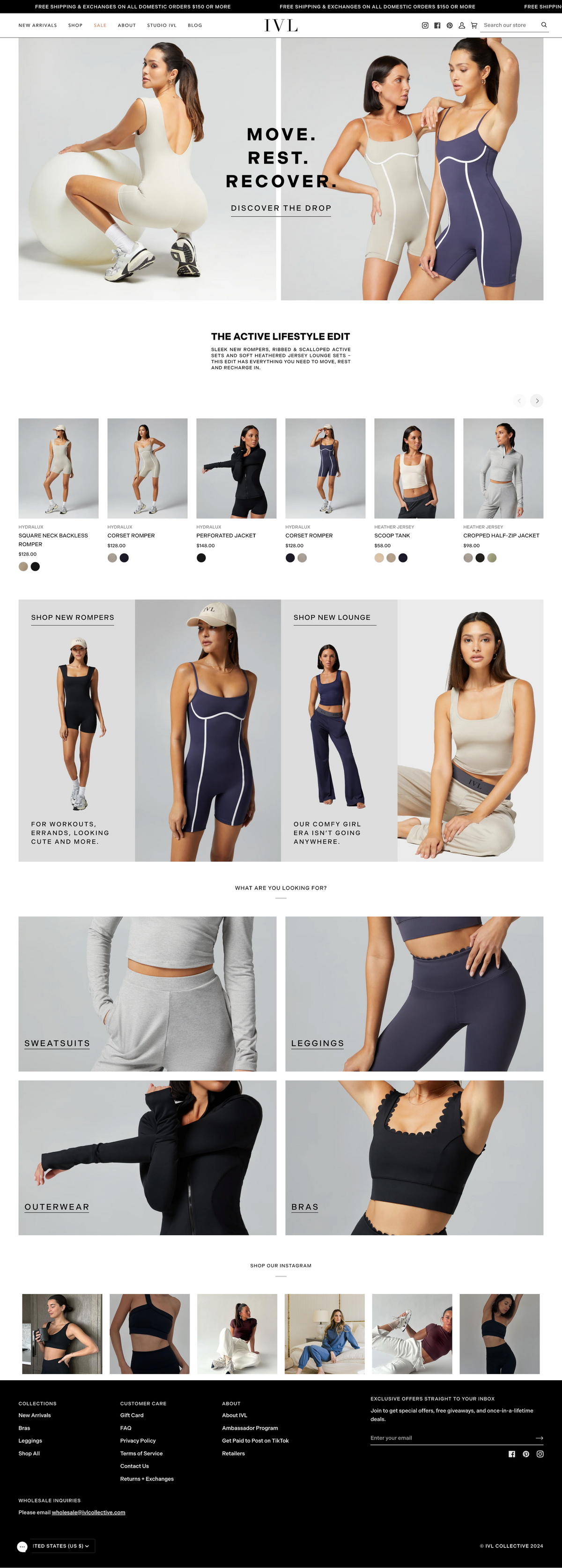 Website page displaying athletic wear with models in various poses and outfits.