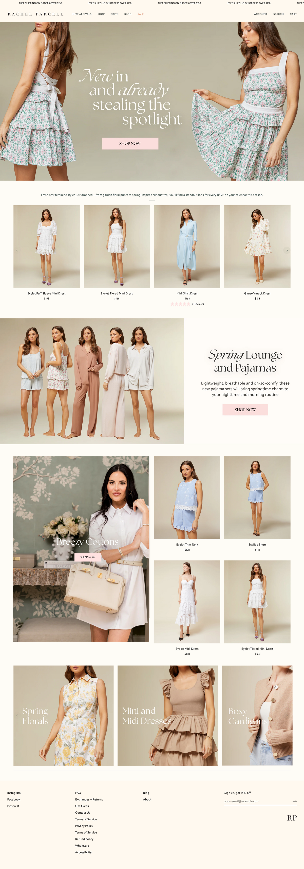 Homepage web design of women wearing dresses with a focus on spring fashion.