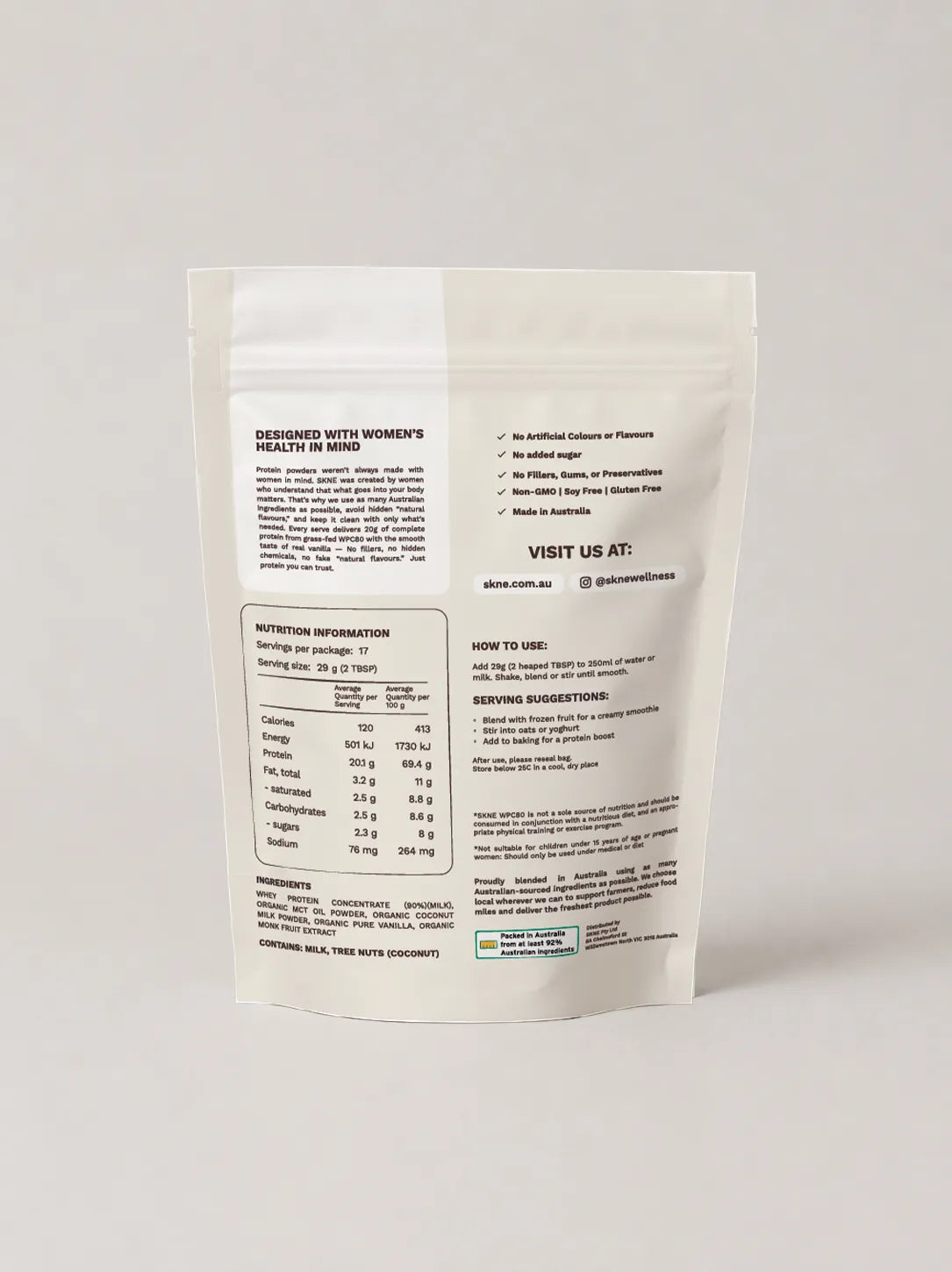 SKNE whey protein pouch back-of-pack label design with nutrition panel and usage layout